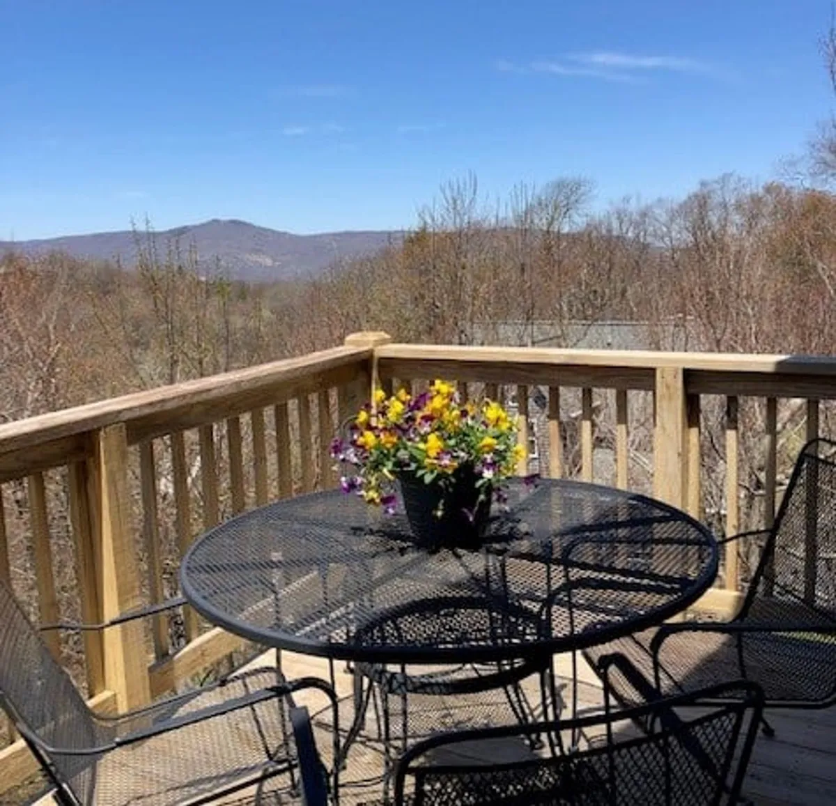 An inviting outdoor table adorned with a flower pot, looking out onto a stunning mountain view. The scene is tranquil and ideal for conversations, meals, or morning coffee as a group, set against a beautiful sunrise or the quiet of nightfall.